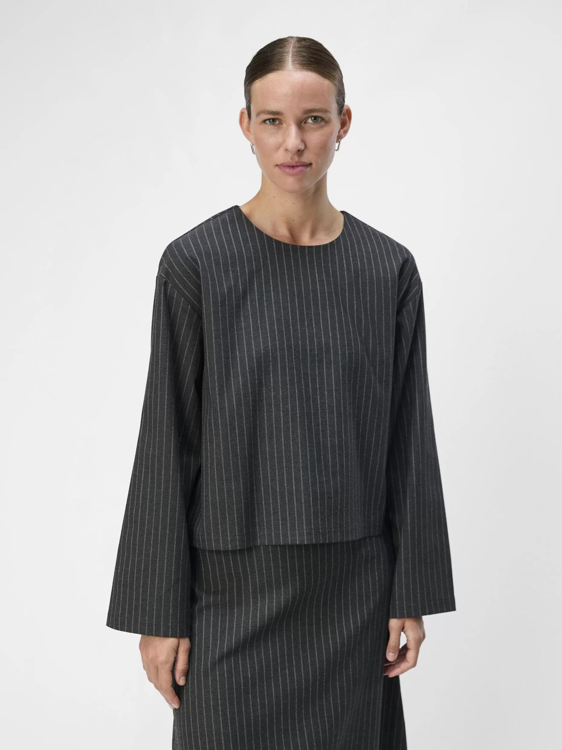 OBJECT KRIJTSTREEP TOP Dark Grey Melange Best Sale