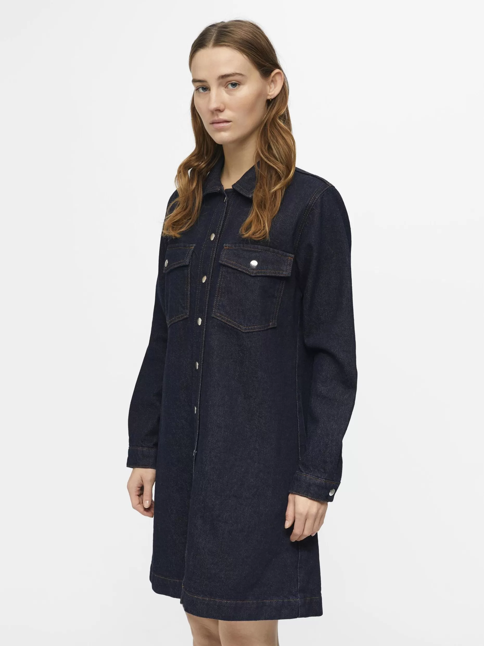 OBJECT LANGE MOUWEN DENIM JURK Dark Blue Denim Store