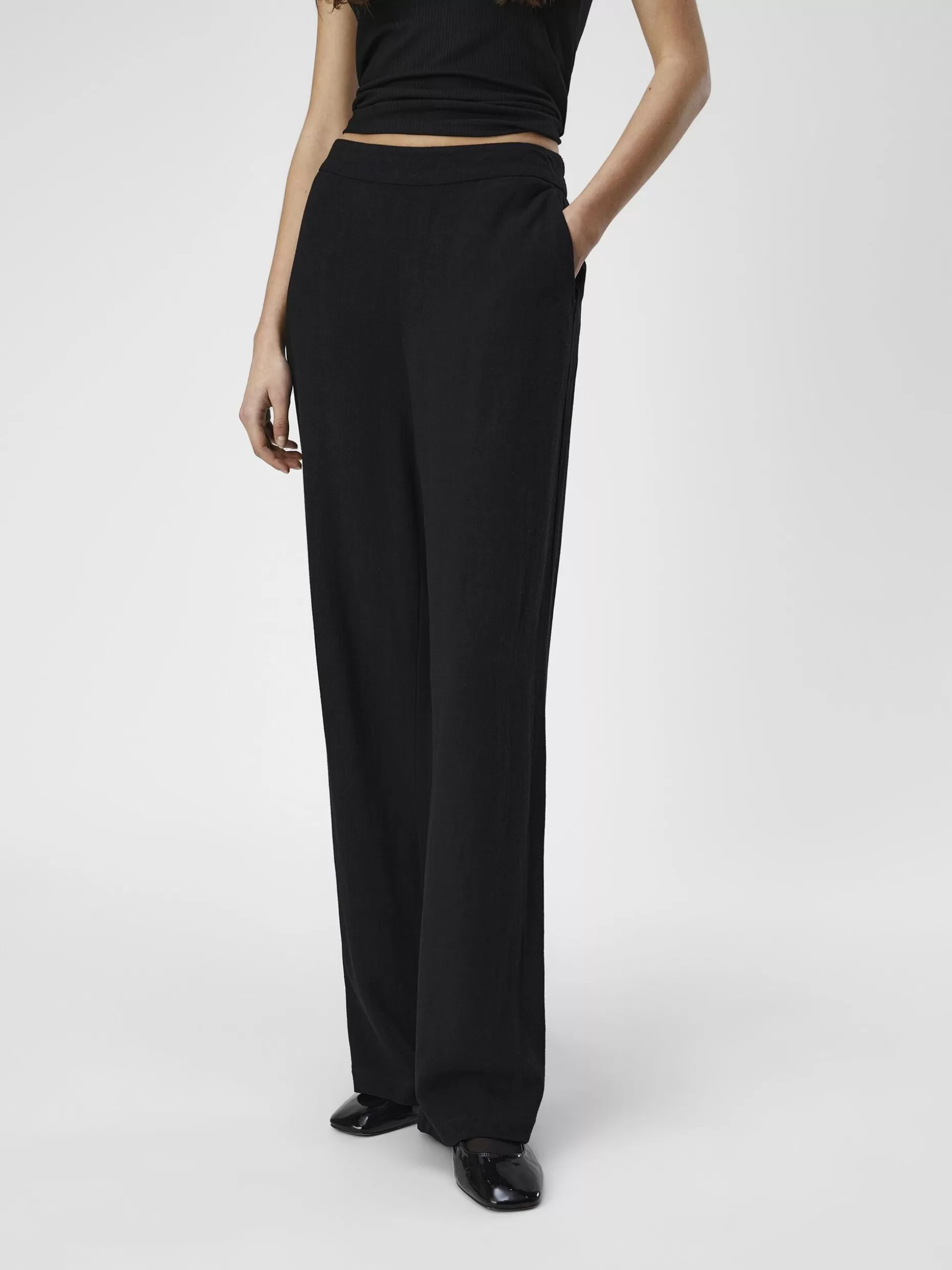 OBJECT LINNENMIX WIDE LEG BROEK Black Cheap